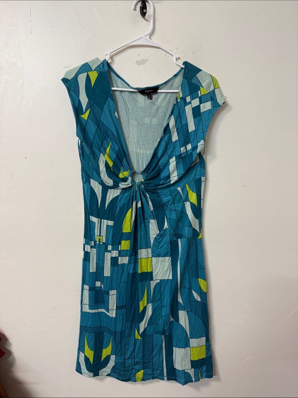 Express Teal, Aqua & Lime Geometric Twist-Front Midi Dress Y2K